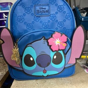 Disney Blue Stitch Mini Backpack with Pink Hibiscus and Gold Pineapple Charm